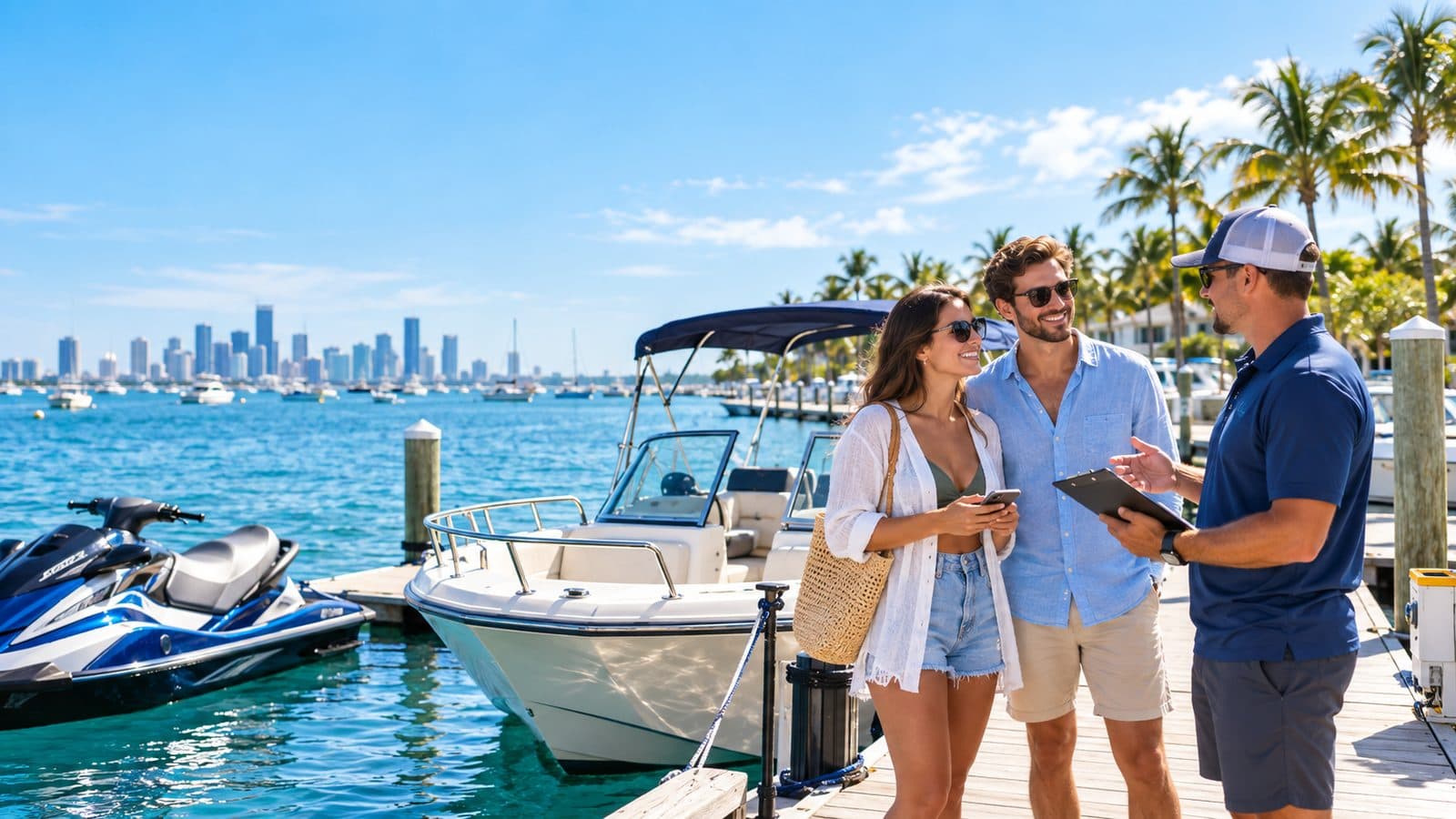 Two boaters on a Miami dock talking with a rental agent holding a clipboard