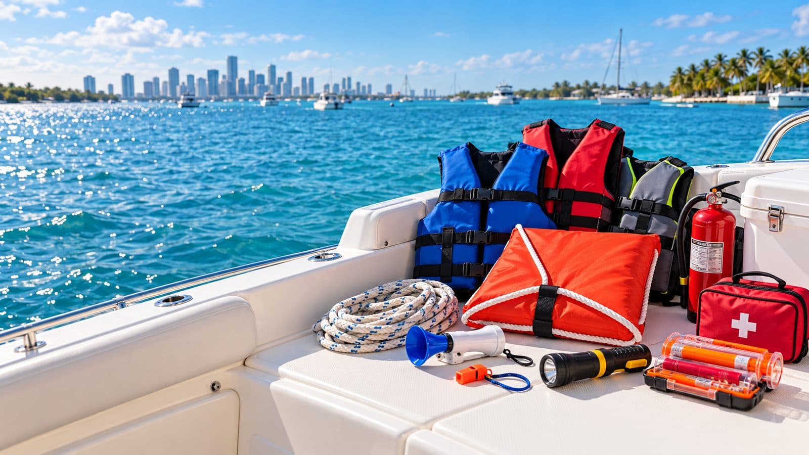Life jackets, a fire extinguisher, a throwable cushion, rope, flares and a first aid kit laid out on a boat deck